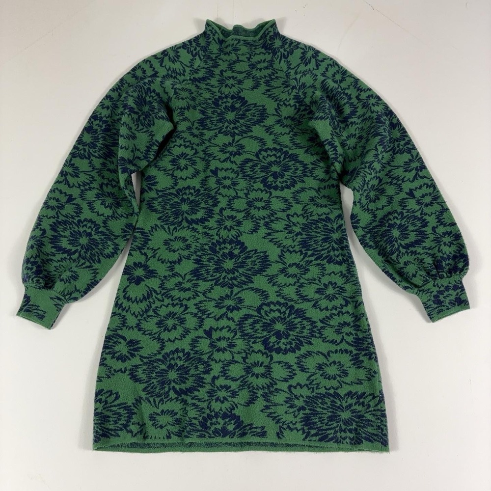 Athropologie Maeve Sweater Dress Womens XS Green Floral Mock Neck Puff Sleeve